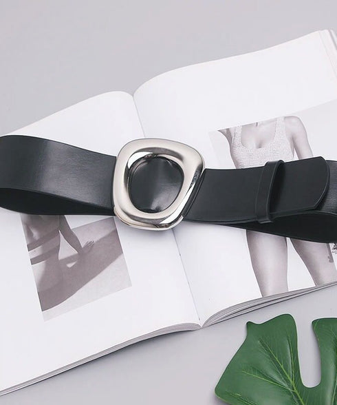 Bold Oval Metallic Buckle Wide Belt